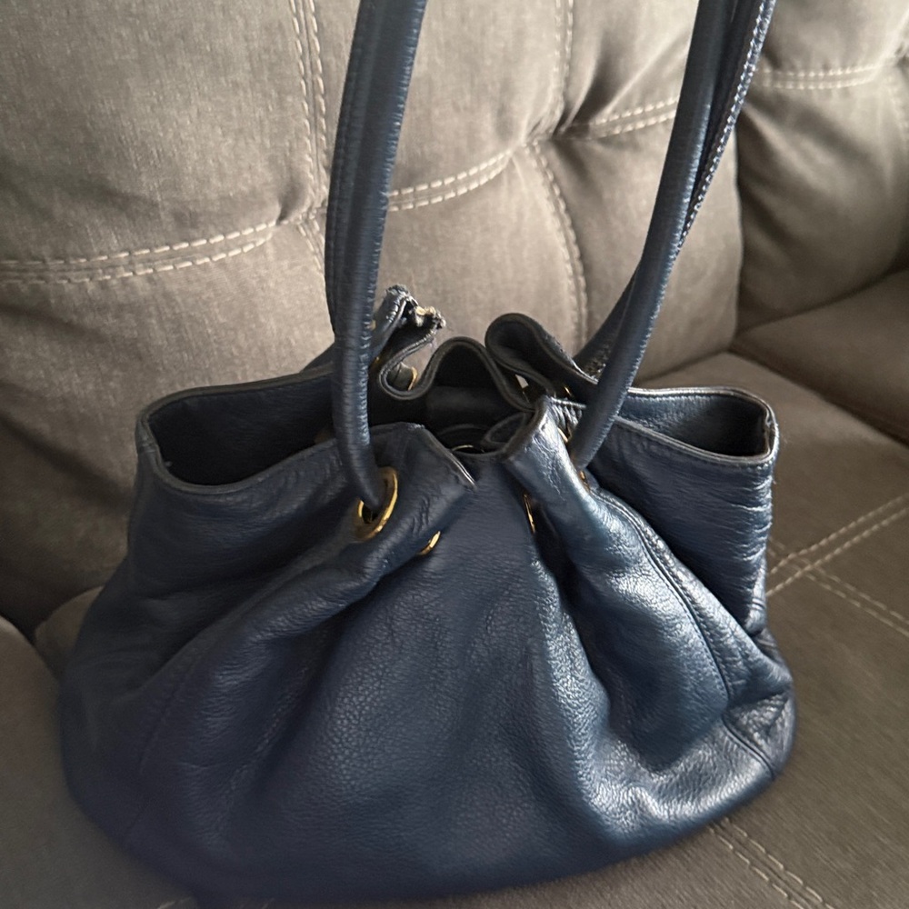 Michael Kors Navy Leather Drawstring Shoulder Bag with Gold Hardware - Picture 3 of 4